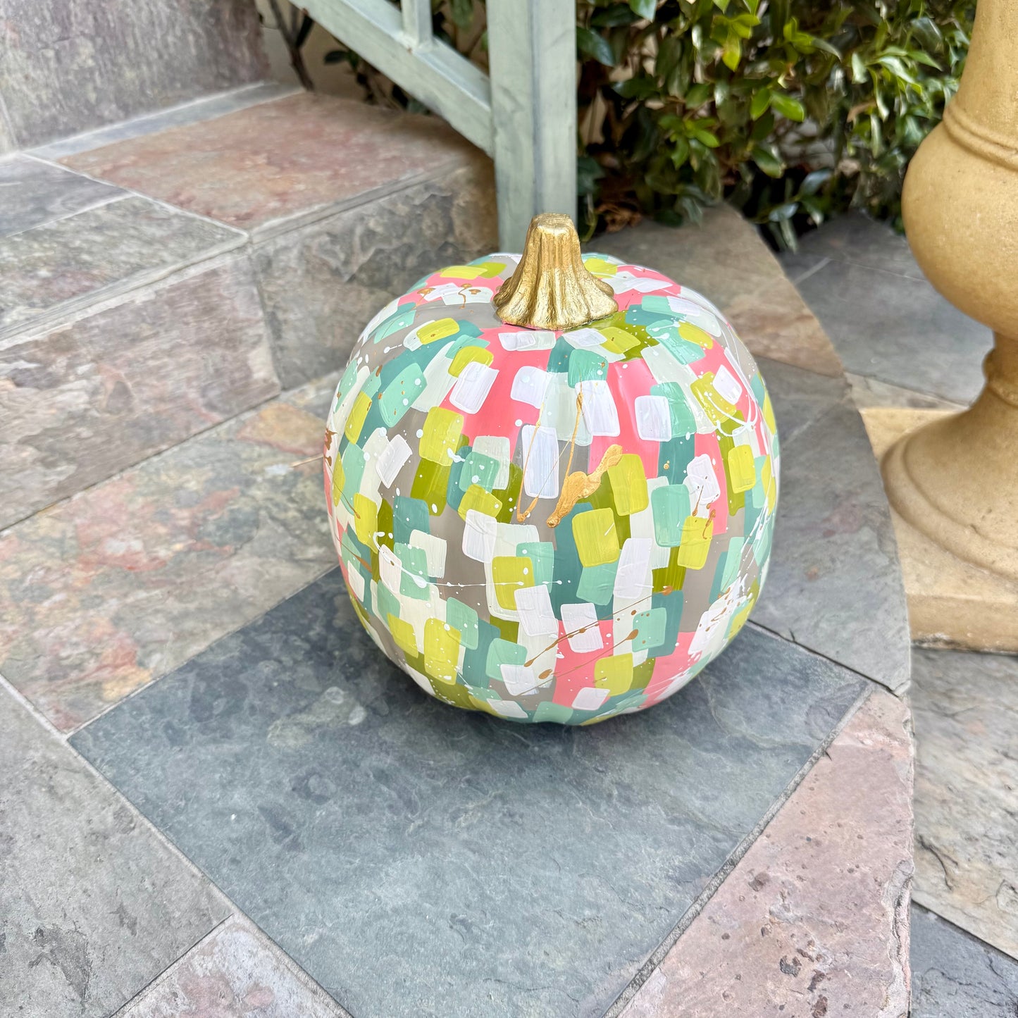 Large Round Pink & Green Confetti Pumpkin