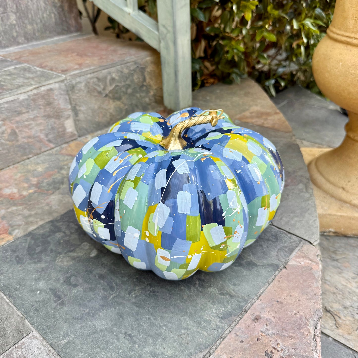Large Wide Blue & Green Confetti Pumpkin