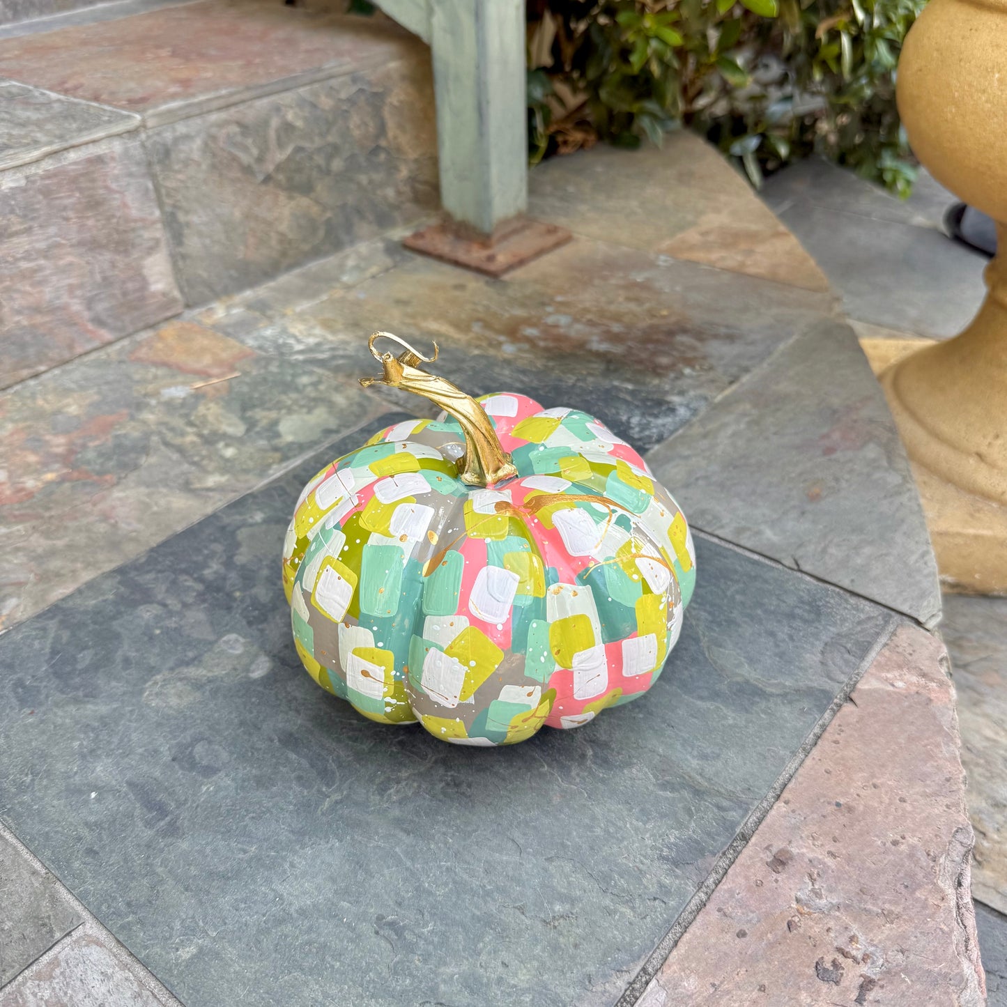 Small Wide Pink & Green Confetti Pumpkin